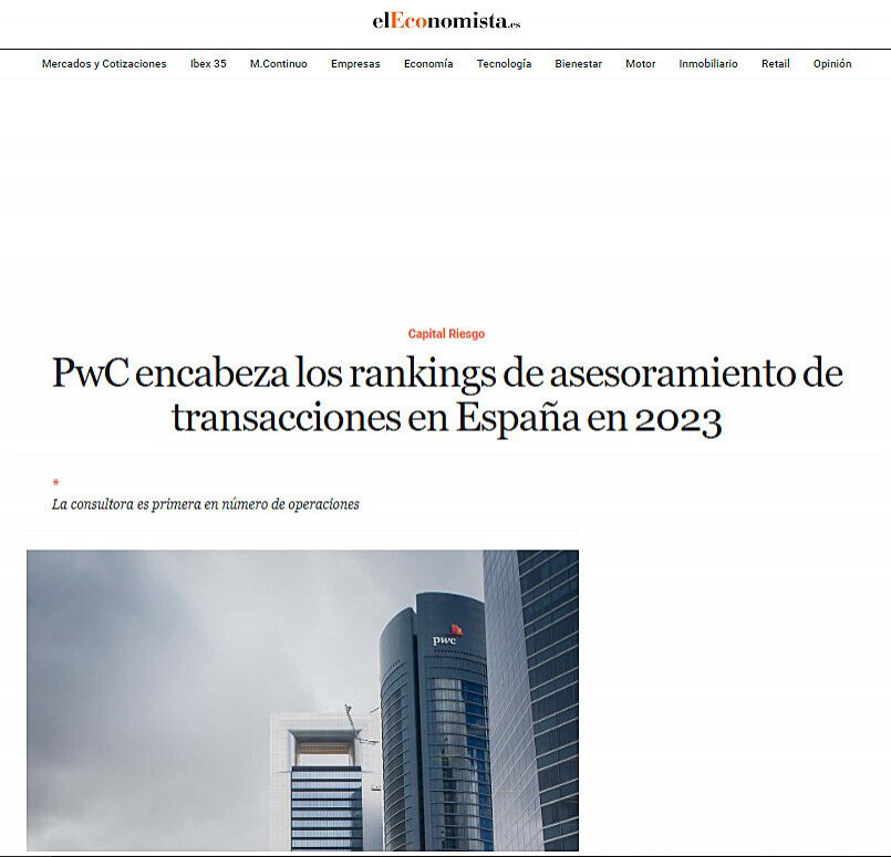 PwC encabeza los rankings de asesoramiento de transacciones en Espaa en 2023